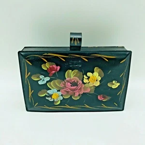 Antica scatola portautensili con coperchio fiori dipinti a mano manico  - Foto 1 di 10