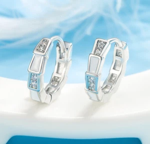 925 Sterling Silver Mother Of Pearl CZ Huggie Hoop Earrings - Picture 1 of 3