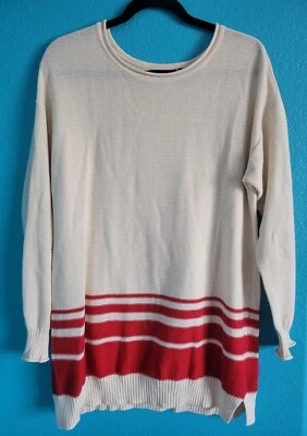 Daisy Fuentes 女式 XL 长袖条纹毛衣中性白色 Rave 红色 — 第 1/3 张图片