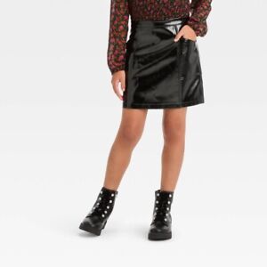 Girls' Metallic Faux Leather Mini Skirt - art class Black M (8)