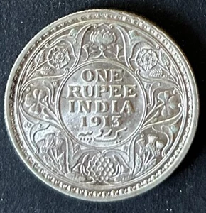 Seltene 1 Rupie Britisch-Indien King George V Münze 1913 KM#524 Silber Bombay Mint - Bild 1 von 4