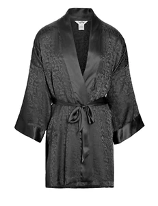 Men's Silk Robe Kimono Real Mulberry Silk Short 38 Inch Length Black - Picture 1 of 7