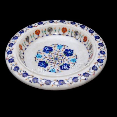 Frutero de mármol de 12", incrustación de piedras preciosas florales, arte hecho a mano, decoración de mesa de comedor Foto 1 de 4