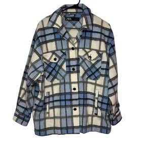 Zara Shacket Womens Small Blue Plaid Shirt Jacket Plaid Wool Blend Oversized Top - Picture 1 of 11