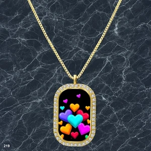 New Colorful Hearts Pendant Necklace Printed Design Sleek Gold Tone Pure - Picture 1 of 4