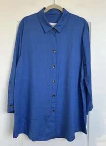 Caroline Rose Womens Linen Lagenlook Tunic Top Size L Button Up Blue Minimalist - Picture 1 of 9