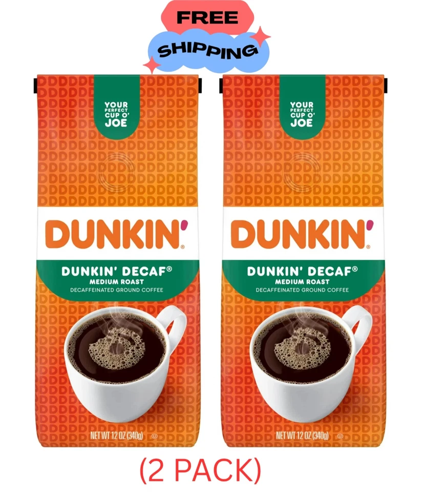 (2 PACK) Dunkin’ Decaf Original Blend Ground Coffee, Medium Roast, 12oz, bag
