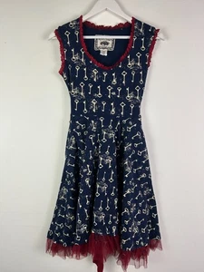 Effie's Heart Dress Small Woman S Navy Blue Keys Print Red Lace Trim Pockets - Picture 1 of 3