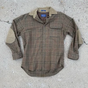 Pendleton Shirt Mens Sz M Brown Plaid Shirt Wool Corduroy Collar Elbow Patches - Picture 1 of 16