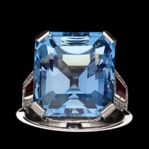 Atemberaubender klassischer Ring Smaragdschliff klar Aqua Aquamarin & rosa Rubin 925 Silber - Bild 1 von 9