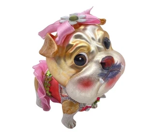 Robert Stanley Glass Bull Dog ballerina Christmas ornament Tutu pink bow - Picture 1 of 6