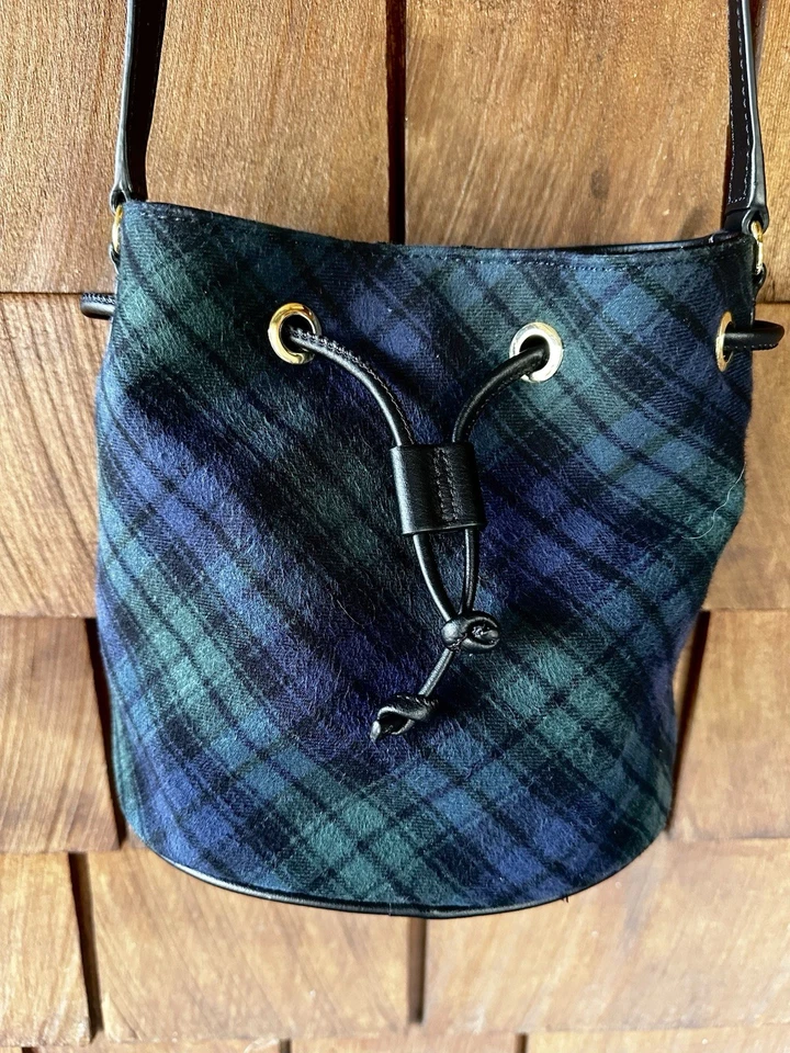 Vintage 90s 'Talbots' Dark Blue and Evergreen Plaid Mini Bucket Crossbody Bag - Image 1 of 4