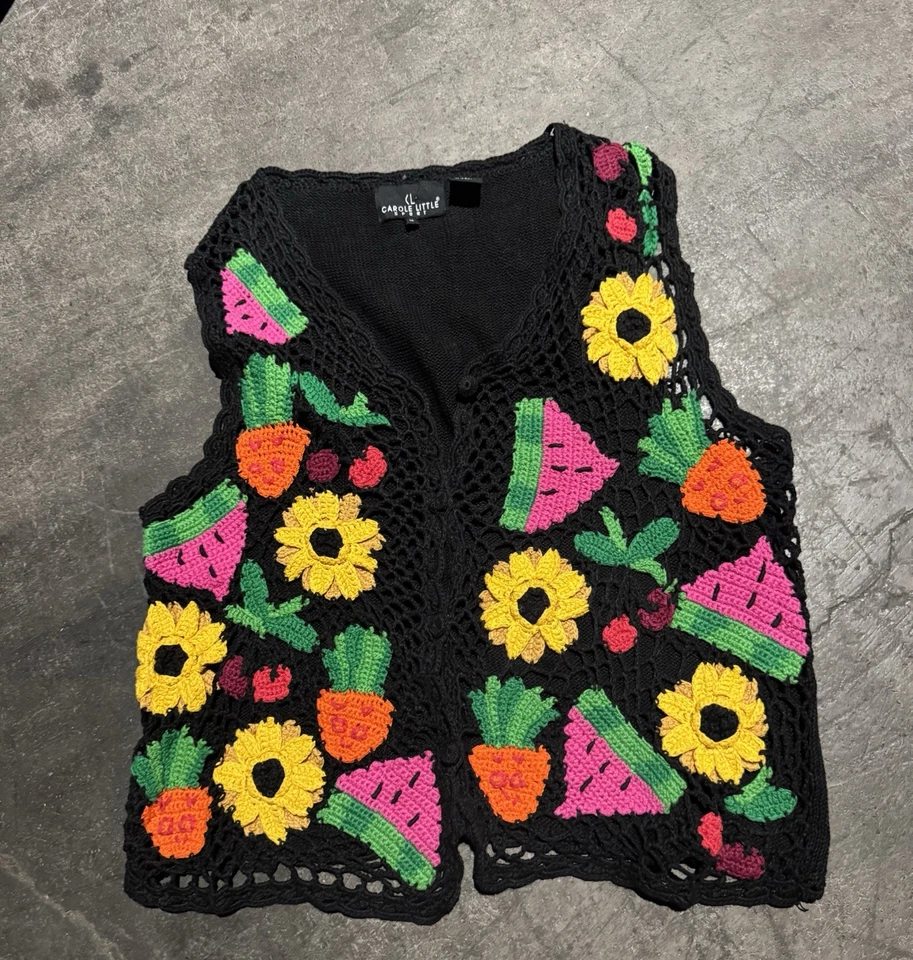 Vintage 90s Carole Little Crochet Sweater Vest Summer Fruit Sunflower M - Image 1 of 4