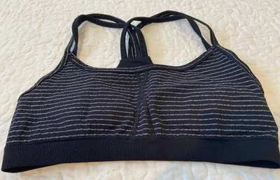 ATHLETA Sports Bra Size M Black with Silver Stripes Strappy Back Yoga Gym Active - Image 1 of 4