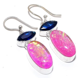 Triplet Fire Opal, Blue Jade Gemstone 925 Sterling Silver Jewelry Earring 1.8" - Picture 1 of 5