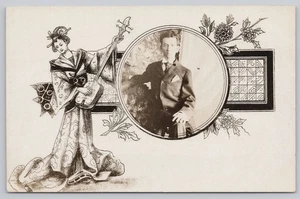 Vintage Echt Foto Postkarte mit japanischer Geisha Kunst und Portrait - Bild 1 von 2