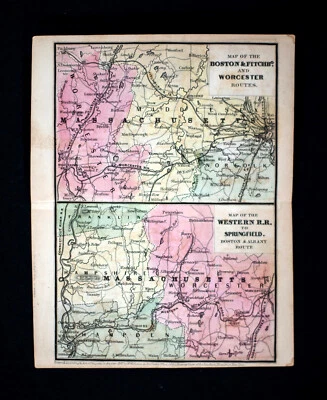 Mapa Williams 1847 Massachusetts Boston Fitchburg Worcester Western Railroad RR Foto 1 de 2