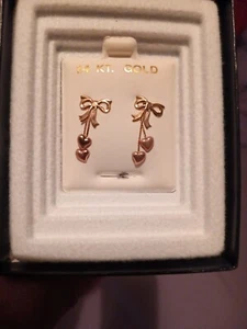 14 k Gold Ribbon And Rose Gold Hearts Dangles Real Gold - Picture 1 of 4