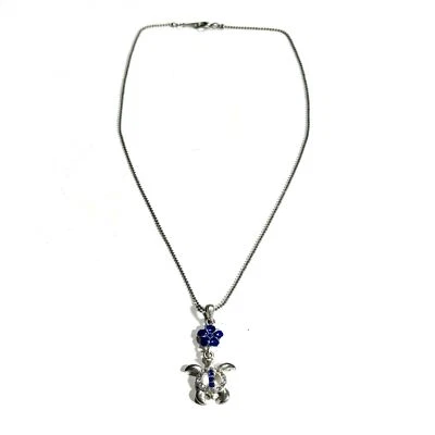 Blue Silver Sea Turtle Pendant Necklace Enamel Flower Rhinestone Tiny Ball Chain - Image 1 of 4