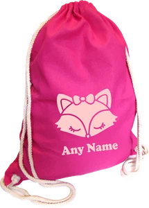 Cute Fox Personalised PINK Kids Childs COTTON School Sports Gym PE Bag Gift - Picture 1 of 9