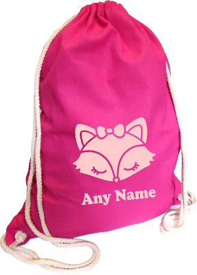 PRESENT2FUTURE Cute Fox Personalised PINK Kids Childs COTTON School Sports Gym PE Bag Gift