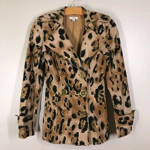 Cache Tan Metallic Leopard Print Trench Coat Linen Blend Size Small *No Belt* - Picture 1 of 9