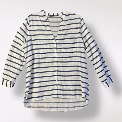 Camisa Zara listrada azul branca linho oversized gola V tamanho G costeira náutica - Imagem 1 de 4