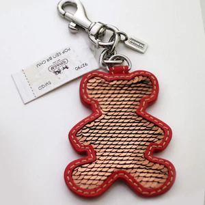 NWT COACH Poppy 92790 Sequins Terry Bear Keychain Leather keyring KEY FOB NEW - Picture 1 of 3