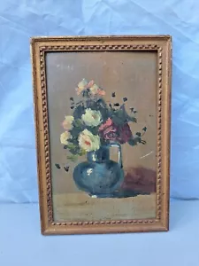 Peinture ancienne huile fleurs 1947 tableau encadré signé antique paintings oil - Photo 1 sur 8