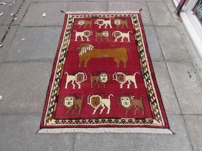 Vintage Traditional Hand Made Oriental Gabbe Wool Red Rug 158x104cm Animal Lion - Image 1 of 4