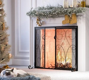 2 Panel Fireplace Screen with Doors Handcrafted Wrought Iron Decorative Mesh Sym - Picture 1 of 8