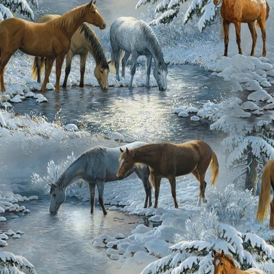 34"L x 45"W Wild Wings Crystal Glenn Horse Winter Scene Cotton Fabric 53281 - Image 1 of 2