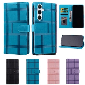 Grid Leather Wallet Phone Case For Samsung S25 S24 S23 S21 Ultra S20FE S10 S9 S8 - Picture 1 of 16