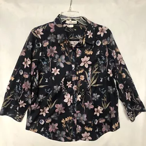 Coldwater Creek Navy Floral Women's Button Up Blouse, 3/4 Sleeve, Pink, Size 14 - Picture 1 of 6