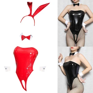 Sexy Women Patent Leather Lingerie Bunny Cosplay Costume Shiny Bodysuit Headwear - Picture 1 of 36