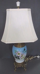 Bristol Art Glass Lamp HANDPAINTED Floral w brass mounts & base Porcelain finial - Picture 1 of 7