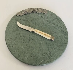 Vintage Green Marble & Pewter Grapes Cheese Serving Cutting Board with Knife - Picture 1 of 19