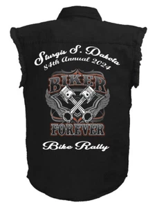Mens 2024 Sturgis Bike Rally Patriotic Biker Forever Black Denim Shirt - Picture 1 of 2