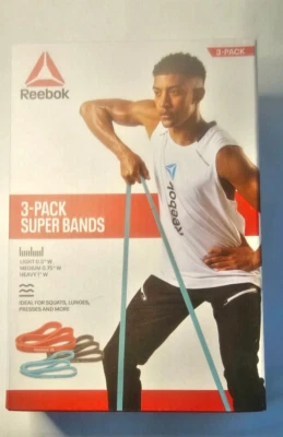 Reebok Nuevo Resistencia Paquete de 3 Super Banda Ejercicio Gimnasio Fitness Sellado Nuevo en Caja Foto 1 de 3