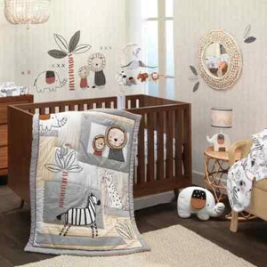 L&I - Patchwork Jungle NEUTRAL 3-Piece Unisex Baby Crib Bedding Set DECAL MURAL - Picture 1 of 10