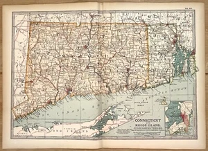 CONNECTICUT & RHODE ISLAND US State Map - Antique Encyclopaedia Britannica 1900 - Picture 1 of 1