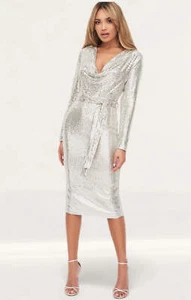 Lavish Alice Womens Silver Midi Dress Sequin Tie Waist RRP £120 - Picture 1 of 17