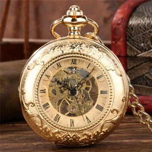 Lujo Oro Amarillo Doble Cazador Viento de Mano Mecánico Reloj de Bolsillo Cadena Colgante - Imagen 1 de 10