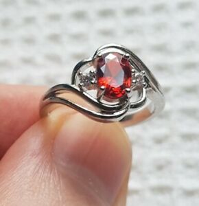 Womans Size L 1/2. Red Ruby & White Topaz Silver Cocktail Ring