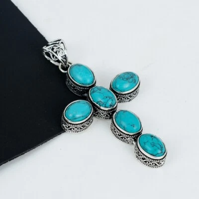 925 Sterling Silber Natürlich Türkis Edelstein Handgemacht Schmuck Anhänger - Bild 1 von 4