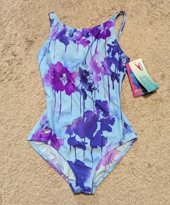 Traje de baño Speedo de una pieza de colección talla 12 púrpura azul floral acuarela control de barriga Foto 1 de 4