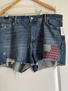 Old Navy OG High Rise Jeans Shorts Women's Size 20 Blue Distress USA Flag •NEW - Picture 1 of 5