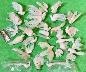 23 Vtg Real Feathers Wire Pick Spun Cotton White Dove,Peacock BIRD Ornament-Lot - Picture 1 of 24