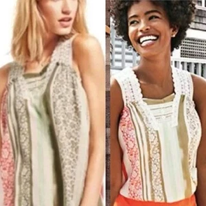Cabi Top #266 Sleeveless Crocheted Boho Floral Green Orange Striped Gauzy Size S - Picture 1 of 9