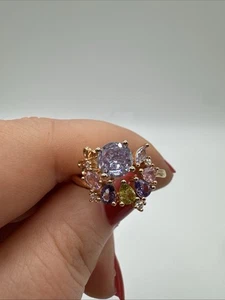 Anillo de piedras preciosas mezcla de peridoto de amatista y topacio oro laminado de 14 quilates unido con sello RG - Imagen 1 de 8